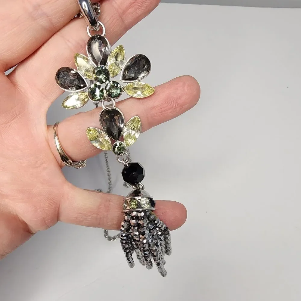 TALBOTS Cluster Tassel Necklace Silver Color Soft Yellow Gray Long Tassles